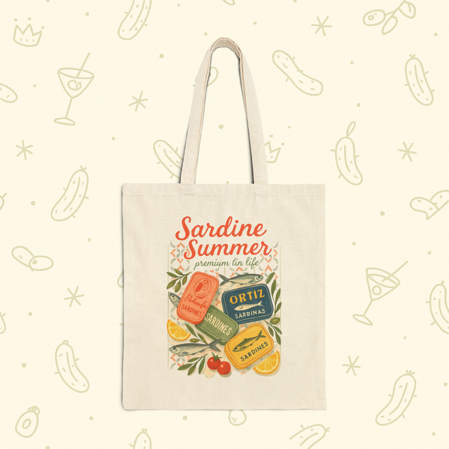Sardine Summer Tote Bag | Vintage Tin Art Canvas Market Bag
