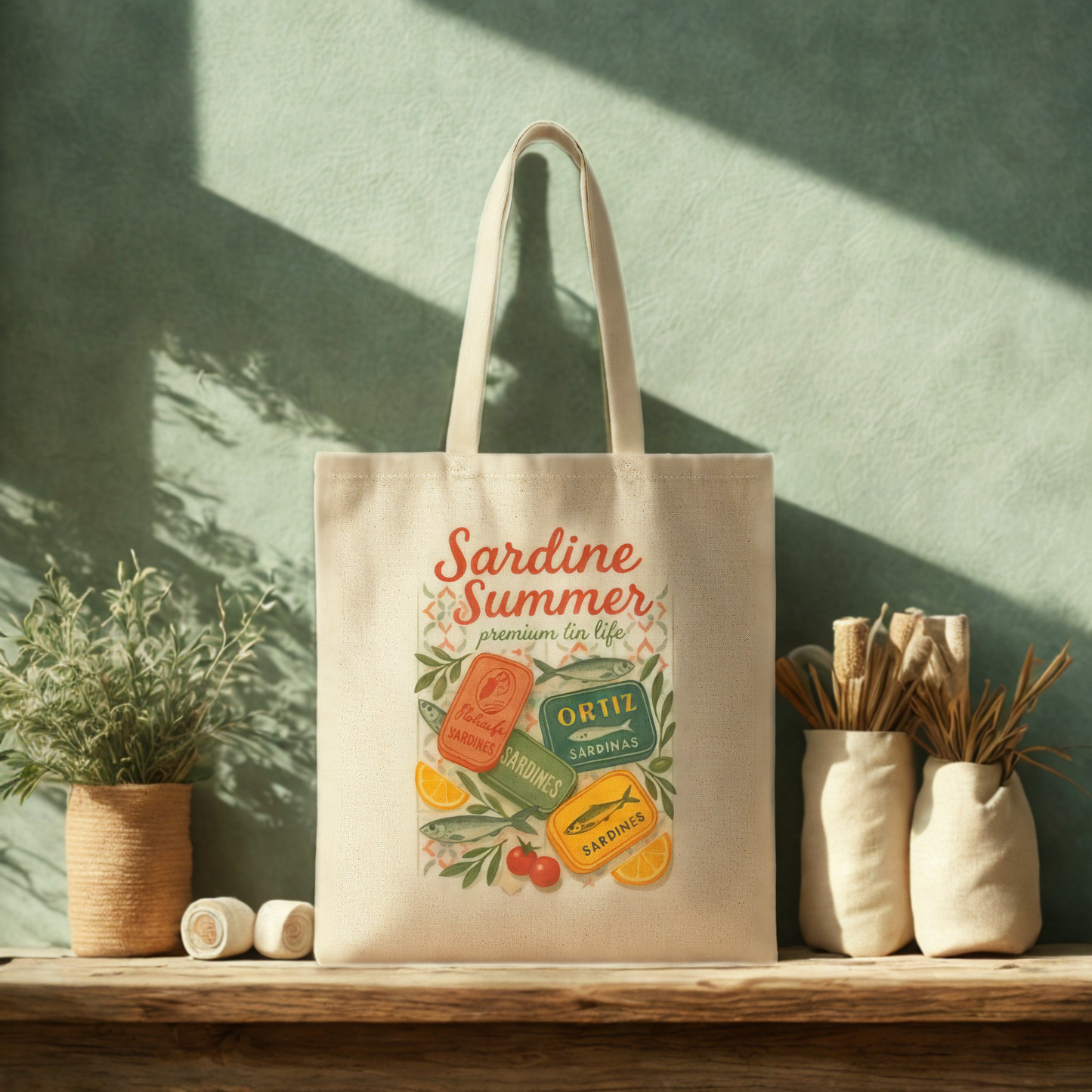 Sardine Summer Tote Bag | Vintage Tin Art Canvas Market Bag