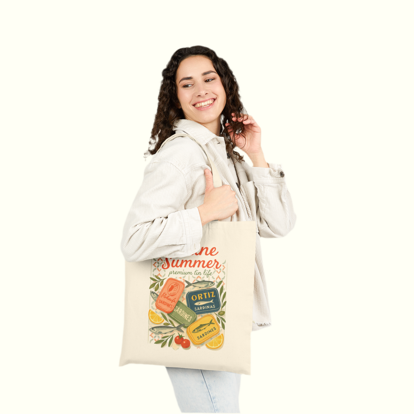 Sardine Summer Tote Bag | Vintage Tin Art Canvas Market Bag